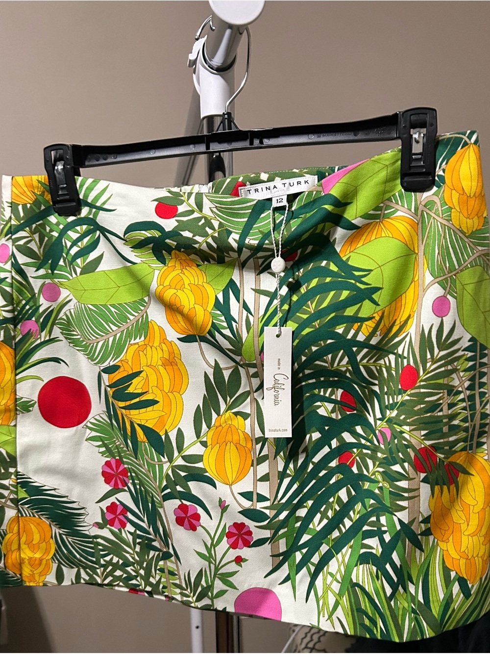 Trina Turk Tropical Leaf Print Skirt in Green & Yellow with Pink Accents